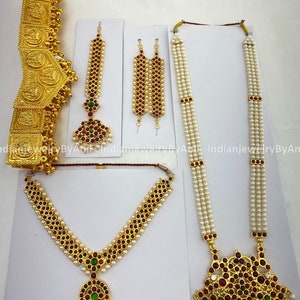 Bharatanatyam Dance Jewelry Set: Temple Jewelry with Kemp Stones