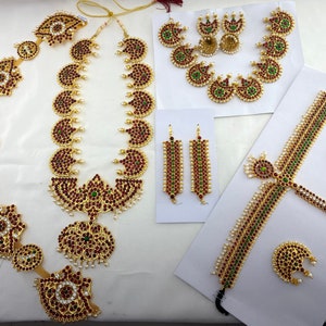 Bharatanatyam Classical Dance Jewelry Set | South Indian Temple Jewelry | Waist Belt, Necklace, Moon Headpiece
