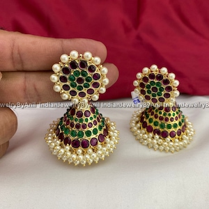 Bharatanatyam Kempu Stone Jhumka Earrings: Antique Gold Temple Jewelry