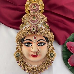 Varalakshmi Pooja Face Set | Ammavaru Brass Face with Crown Jewelry | Lakshmi Vratham Idol Decoration | FREE USA Shipping