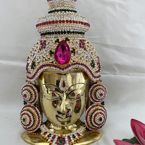 Varalakshmi Vratham Brass Face | 9&quot; Ammavaru Idol | Sravanamasam Pooja Decor | Goddess Lakshmi Face | Traditional Pooja Decoration Set