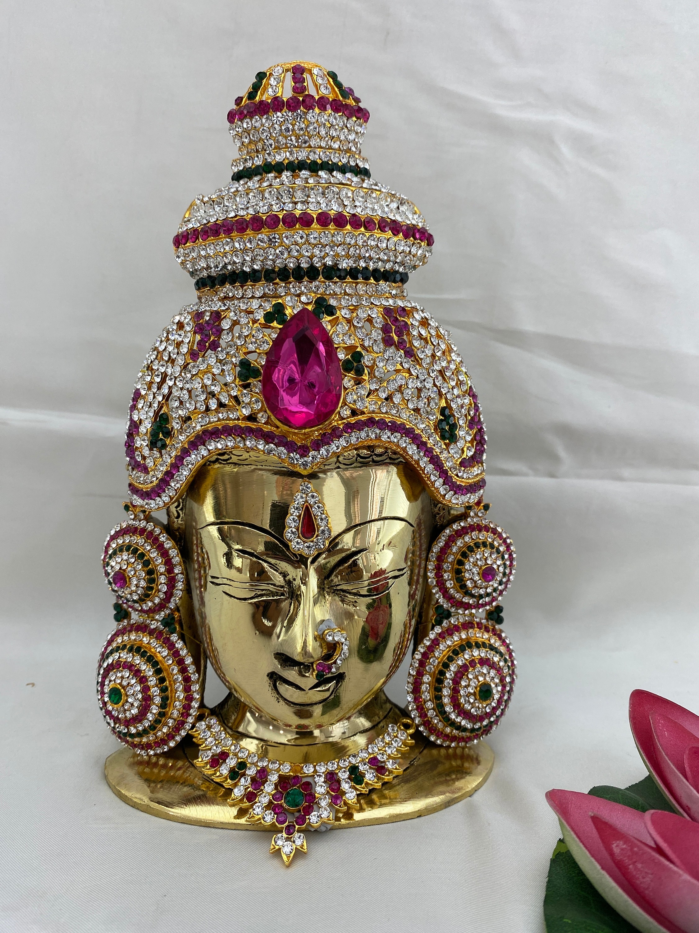 Brass Goddess Lakshmi Face: 9" Ammavaru Idol, Pooja Decor