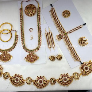Kemp Bharatanatyam Dance Jewelry Set: Temple Necklace, Waist Belt, Headpiece