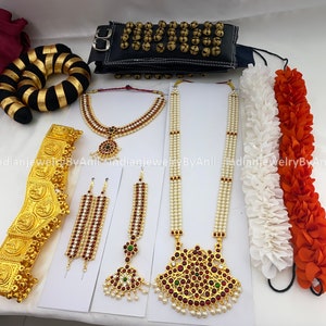 Bharatanatyam Dance Jewellery Set | Kemp Temple Jewelry for Arangetram, Recitals, Stage | Necklace, Belt, Earrings, Tikka, Matil