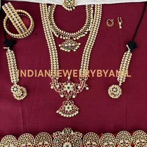 Traditional Bharatanatyam Kemp Temple Jewelry Set | Arangetram Dance Jewelry with Long Haram, Short Necklace, Vaddanam, Headset & Bangles