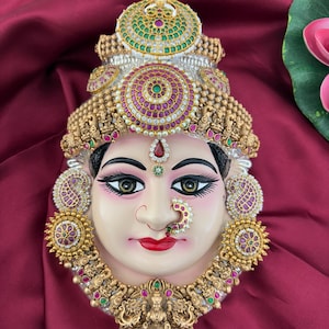 Varalakshmi Pooja Face Set | Tanjore Style Lakshmi Face for Vratham | Decorated Ammavaru with Crown & Jewelry | Free USA Shipping