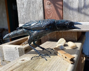 Clay raven sculpture, a handmade unusual gift which ships in days!