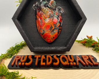 One of a kind- fluid painting anatomical heart- shadow box- decor