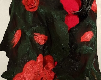 Red Peonies Unique Felted Shawl