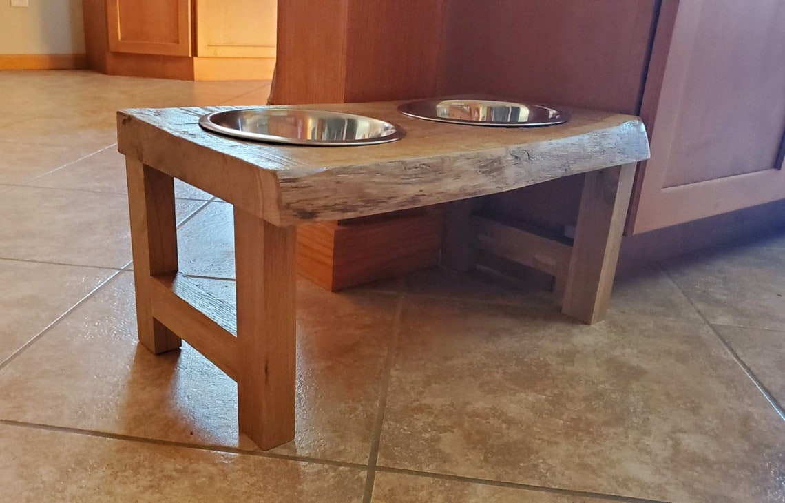 Live Edge Oak Double Pet Bowl Holder Etsy