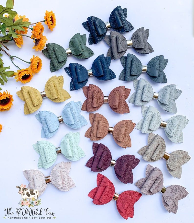 Baby Hair Bow Embossed Hair bow Lace Embossed Petunia Bow Embossed Faux Leather Bow Girls Hair Bow