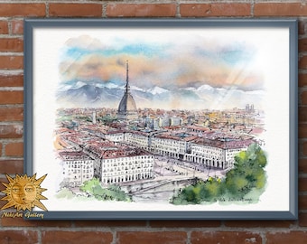 Italie - « Torino - La Mole Antonelliana » – paysage - Reproduction numérique IMPRIMABLE de mon aquarelle ORIGINALE