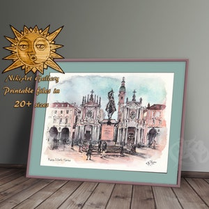 ITALY - Turin - Piazza San Carlo - Landscape - PRINTABLE digital reproduction of my ORIGINAL watercolor - download Digital