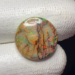 May include: A round, polished opal gemstone with a unique pattern of brown, orange, and green hues. The stone features a network of dark lines across its surface, creating a striking visual effect. The opal is set against a white background.