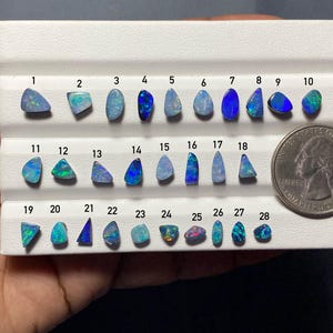 May include: A collection of twenty-eight small, polished opals arranged in three rows on a white display tray, each numbered from 1 to 28. The stones exhibit various blue, green, and iridescent flashes. A US quarter coin is visible for scale.