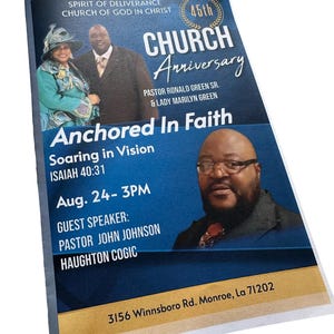 May include: A flyer for the 45th Church Anniversary, featuring Pastor Ronald Green Sr. and Lady Marilyn Green. The flyer has a blue background with the text "Anchored In Faith" and details for the event, including the guest speaker, Pastor John Johnson.