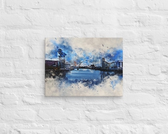 Iconic Glasgow River Clyde Digital Watercolour Canvas Print - Vibrant Scottish Cityscape Wall Art Decor