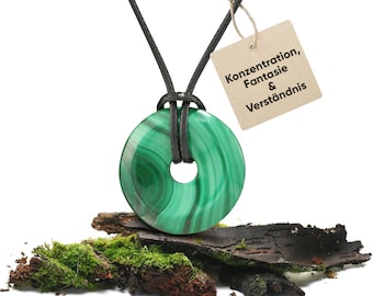 Colar com pingente de malaquita | Pingente em formato de rosca | Colar de cristal com pingente de pedra de cura e cordão incluso | Colar com pedra de cura genuína