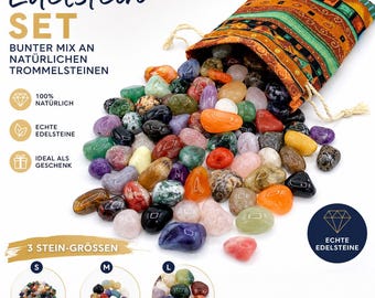 Edelstein Set | Bunter Mix an natürlichen Trommelsteinen | Mischung aus echten Edelsteinen | Praktisch im bunten Stoffbeutel