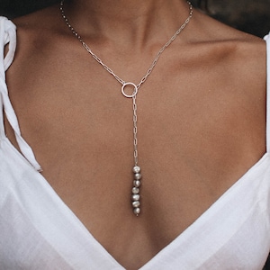 Collar con lazo de perlas / Collar en forma de Y / Collar con lazo de perlas de pavo real / Collar con lazo de perlas / Collar de plata / Collar con cadena de clip