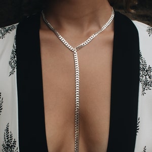 Bold necklace | Y Shaped Necklace Solid Sterling Silver 925 | Statement Lariat Necklace | Chunky Curb Chain Necklace | Long Drop Necklace
