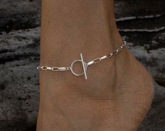 Silver Ankle Bracelet, Toggle Clasp Anklet, Rolo Link Chain Anklet, Minimalist Boho Anklet, Summer Jewelry, Women's Handmade Ankle Bracelet