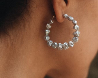 Pearl Hoop Earrings, Handmade Peacock Baroque Pearl Earrings, Bridesmaid Gift, Anniversary Gift for Her, Freshwater Pearl Silver Earrings
