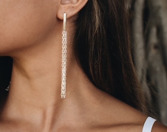 Elegant Silver Dangle Earrings, Fringe Cascade Long Earrings, Linear Drop Earrings for Her, Tassel Silver Earrings, Women's Unique Earrings
