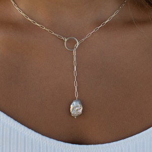 Pearl lariat | Sterling silver lariat necklace|Pearl Y necklace | Pearl lariat necklace | Silver pearl necklace | Paperclip chain necklace
