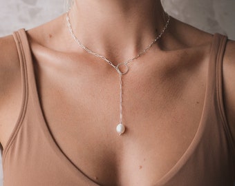 Sterling silver white pearl lariat necklace | Pearl Y-shaped necklace | Pearl lariat necklace | Paperclip chain necklace