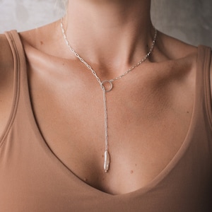 Collar de plata con lazo / Collar en forma de Y / Collar de perlas con lazo / Collar de perlas de plata / Collar de cadena con clip