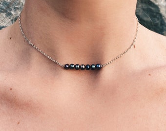 Gargantilla de perlas verdes de Tahití: collar de cadena rolo de plata de ley