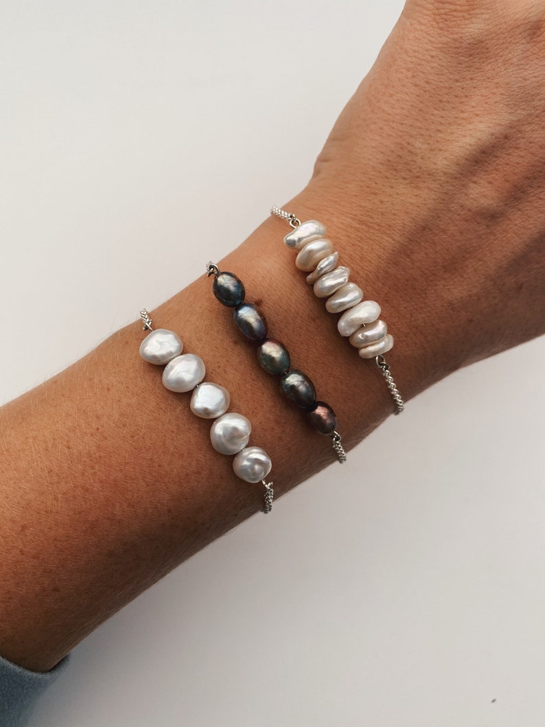Elegant Keshi White Pearl Bracelet, Layered Baroque Pearls Bracelet for Women, Delicate Silver Chain Bracelet, Bridal Jewelry, Gift for Her image 6