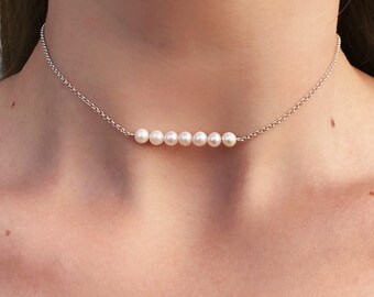 Dainty Pearl Elegant Necklace for Women, White Pearl Tiny Choker, Bridesmaid Jewelry, Handmade Delicate Necklace, Bridal Pearl Necklace