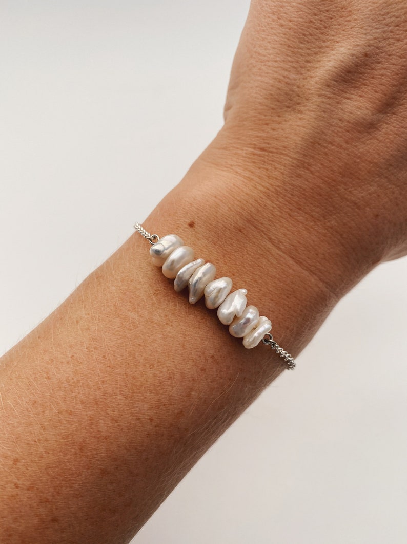 Elegant Keshi White Pearl Bracelet, Layered Baroque Pearls Bracelet for Women, Delicate Silver Chain Bracelet, Bridal Jewelry, Gift for Her image 1