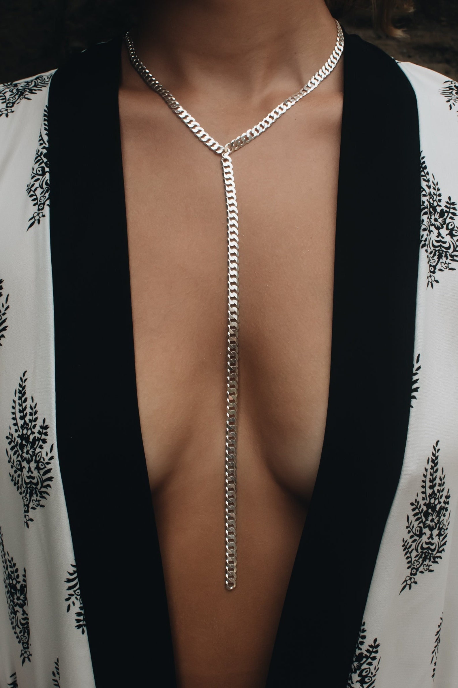 Sterling Silver Y Lariat Necklace: Chunky Curb Chain