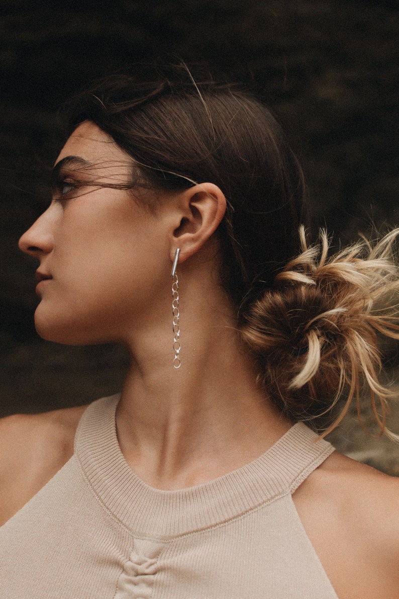Long Chain Silver Earrings, Drop Minimalist Earring, Lightweight Simple Oval Chain Earrings for Women, Streetwear Jewelry, Handmade Earrings image 5