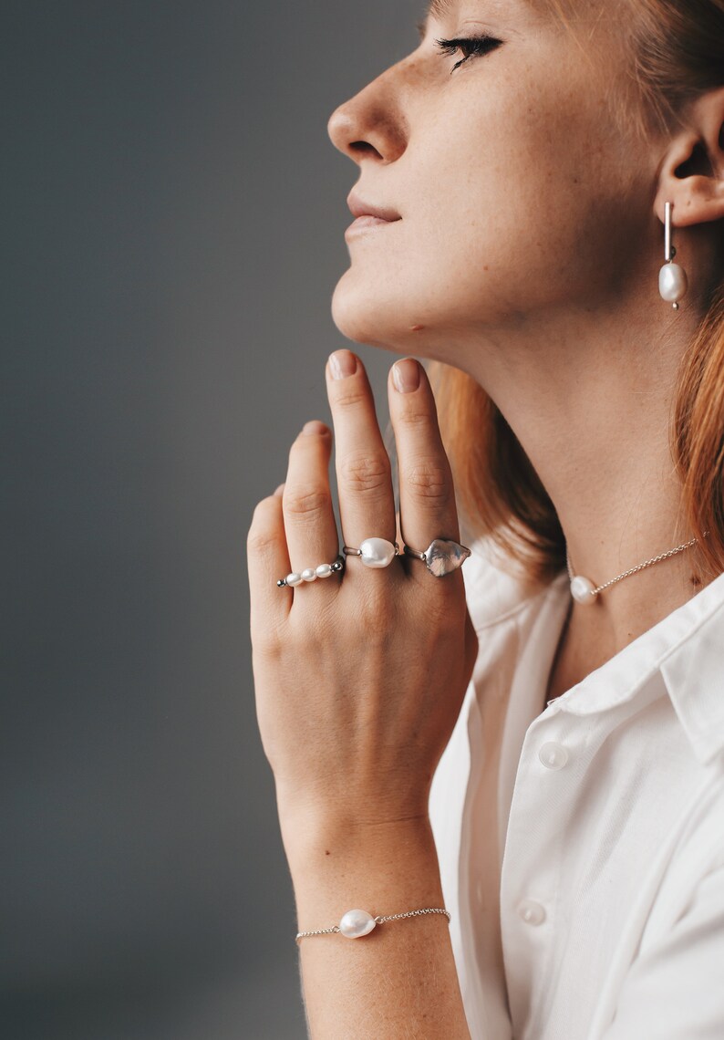 Dainty pearl ring Minimalist pearl ring Petite freshwater pearl ring Rice pearl ring Bridal pearl ring Stacking band pearl ring image 6