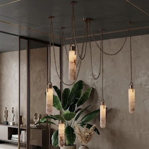 Hanging alabaster chandelier light fixture for home, lounge, office, Industrial Lighting inspired design Mid-Century Lamp