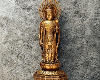 23 inches gold standing buddha brass statue on lotus, yoga studio decor, standing buddha idol decor, Tall Buddah Statue, good luck gift