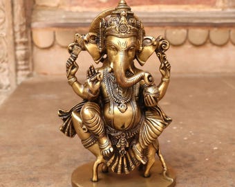 ガネーシャ像 30 cm、手描きのガネーシャ神像、蓮、ガナパティ