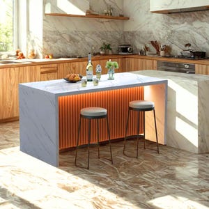 May include: A modern kitchen island with a white marble countertop and orange ribbed paneling. Two gray and black stools with metal legs are positioned in front. The kitchen features wooden cabinets, marble walls, and various kitchenware.