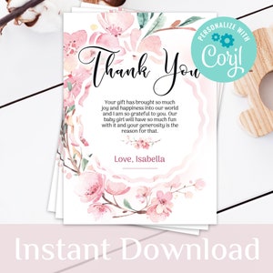 Editable Baby Shower Thank You Cards, Sakura, Cherry Blossom, Spring, Download Printable Corjl Template 0060