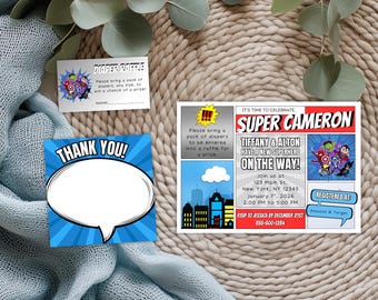 Superhero Baby Shower Invitation, Thank You Card, & Diaper Raffle Ticket |  EDITABLE in Canva