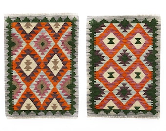 Set Of Two Kilim Rugs, Pair Rugs, Bedside Rugs, Twin Rugs, Table Rug, Small Rugs  2.9 x 2 ft - 90 x 63 cm   -   3 x 2.1 ft - 93 x 66 cm