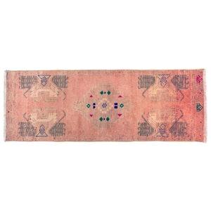 4 x 1.5 ft - 124 x 46 cm  Pink Rug, Bedside Rug, Pink Carpet, Vintage Oushak Rug, Turkish Rug, Small Rug, Bohemian Rug, Pink Homedecor