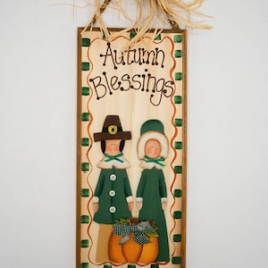 Vintage 16&quot; Autumn Blessings Hand Painted Wood Wall Door Decor Pilgrims Fall Thanksgiving Rustic Primitive Country