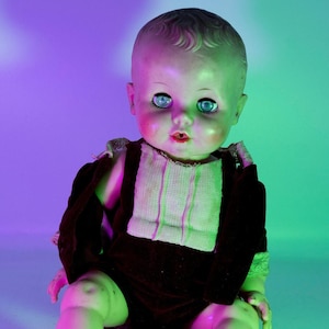 Vinyle en caoutchouc vintage 14&quot; effrayant bébé garçon poupée oeil somnolent hanté Halloween accessoire gothique