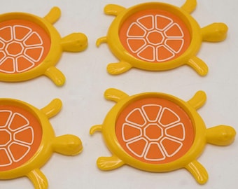 1970s Vintage Turtle Coasters Set of 4 Yellow Orange Plastic Retro Made In USA