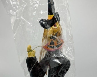 Vtg 21" Tall Witch w Mask Skinny Thin Fabric Paper Mache Figure Halloween Decor